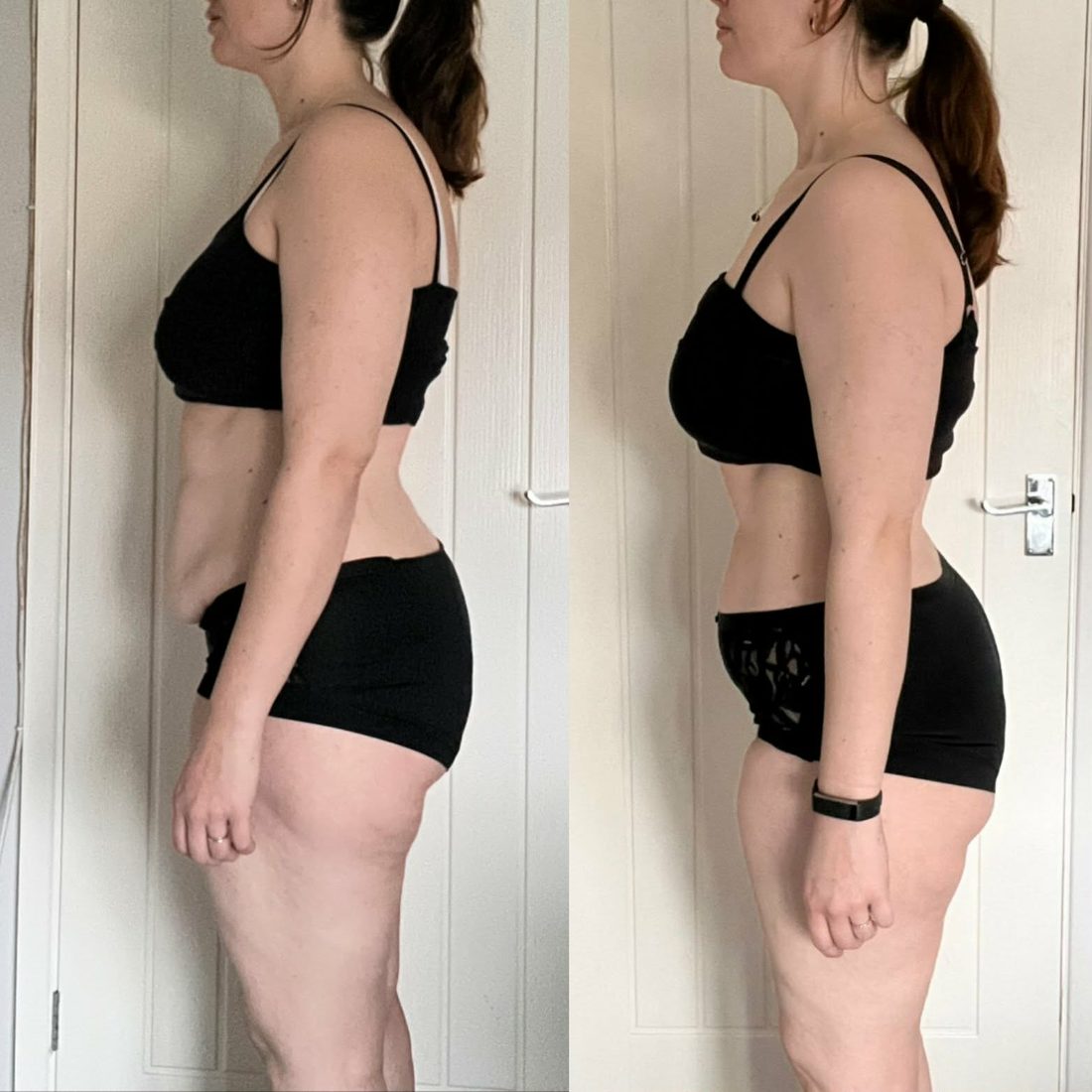 Before and after body transformation photo of a With Grit Coaching client