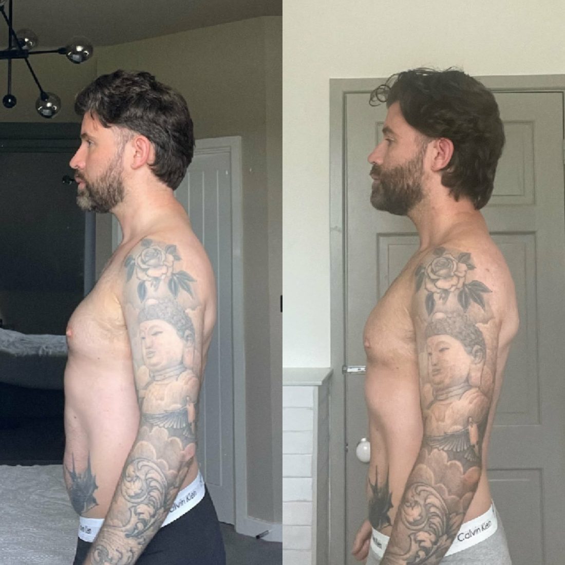 Before and after body transformation photo of a With Grit Coaching client