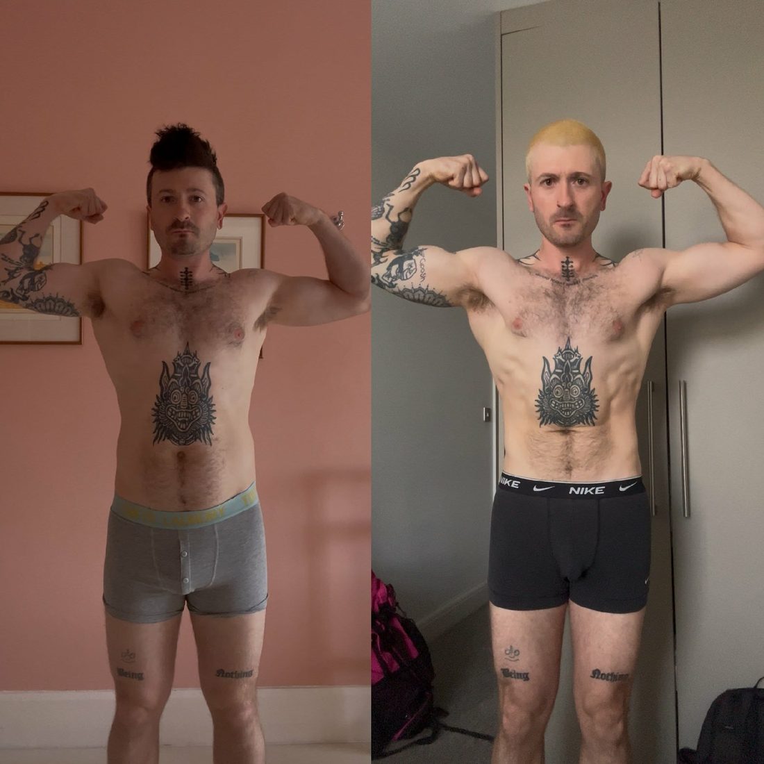 Before and after body transformation photo of a With Grit Coaching client