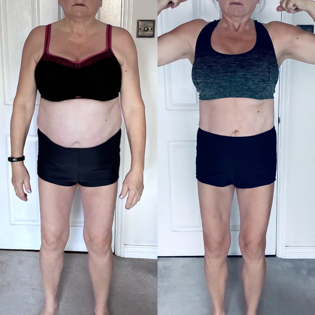 Before and after body transformation photo of a With Grit Coaching client