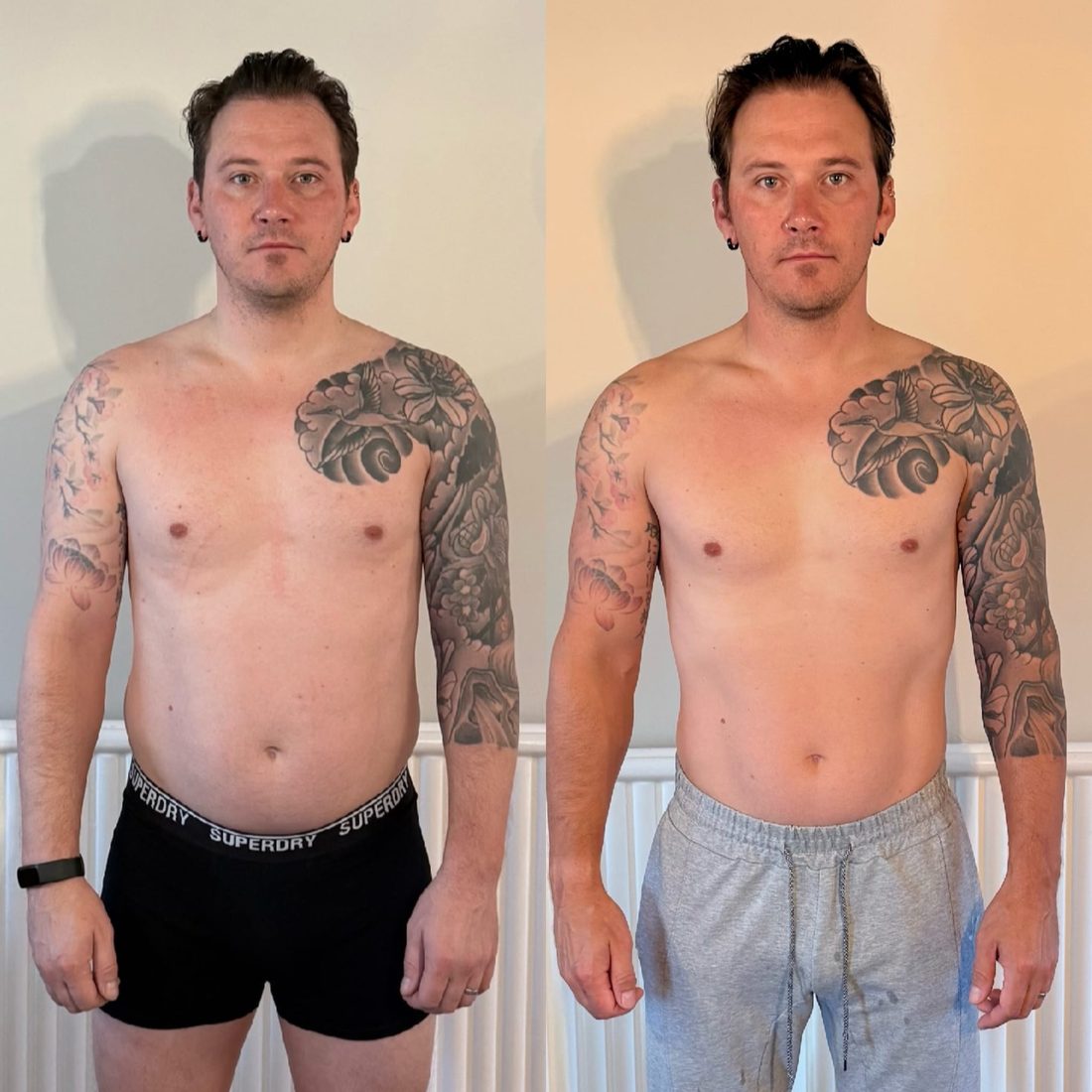 Before and after body transformation photo of a With Grit Coaching client