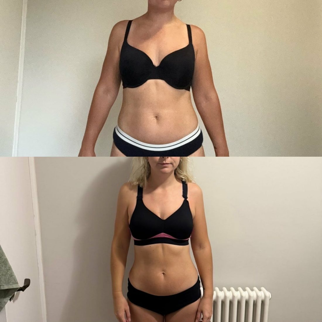 Before and after body transformation photo of a With Grit Coaching client
