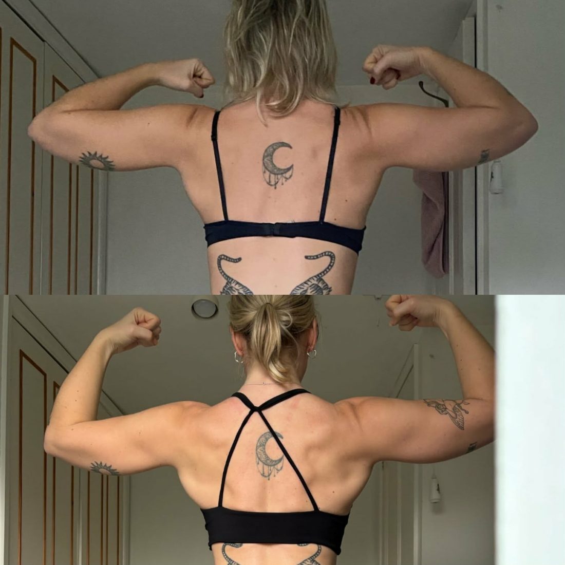 Before and after body transformation photo of a With Grit Coaching client