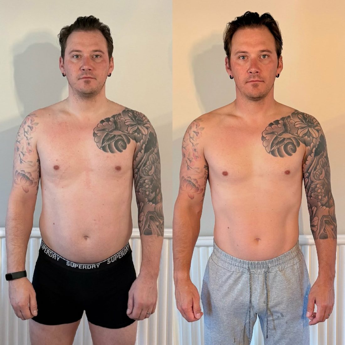 Before and after body transformation photo of a With Grit Coaching client